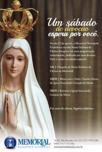 Imagem de Nossa Senhora de Fátima estará disponível ao público que comparecer ao Memorial neste sábado (22)