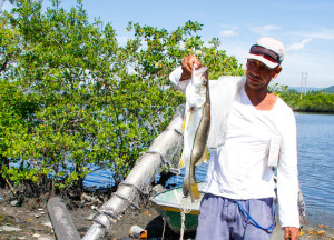 Eduardo exibe robalo pescado no rio Diana: pescado tem diminuído com o passar dos anos Foto: Nara Assunção