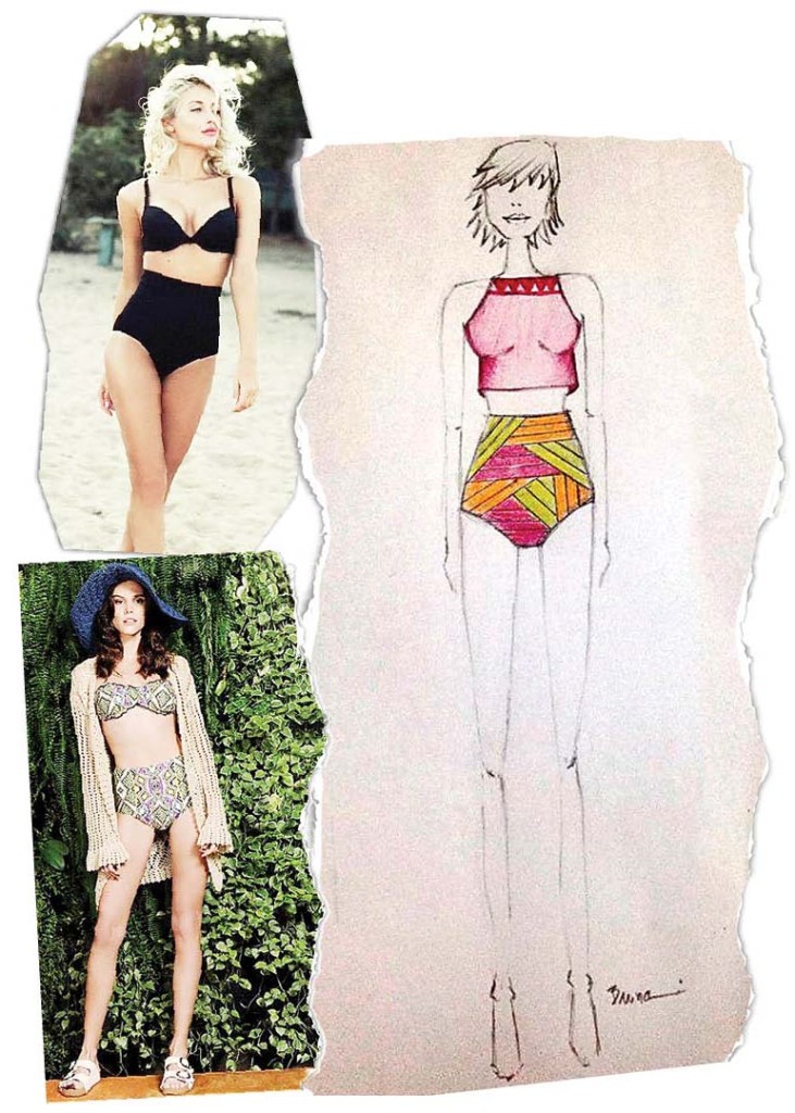 Tendência - Na foto acima, hot pant da Amaro com um ar vintage. Já na de baixo, o hot pant aparece com uma rica estampa e kimono - utilizado no inverno - que pode servir como saída de praia, dando mais estilo e destacando as demais peças. Croqui - Desenho exclusivo da desgin de moda, Bruna Cordeiro, para o Boqnews. No croqui ela destaca duas tendências para este verão: os tops croppeds e as hot pants.