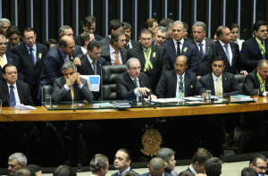 Sessão especial para votação do parecer do dep. Jovair Arantes (PTB-GO). Na mesa, o comando de Eduardo Cunha (PMDB), tendo ao seu lado direito, Beto Mansur (PRB) 