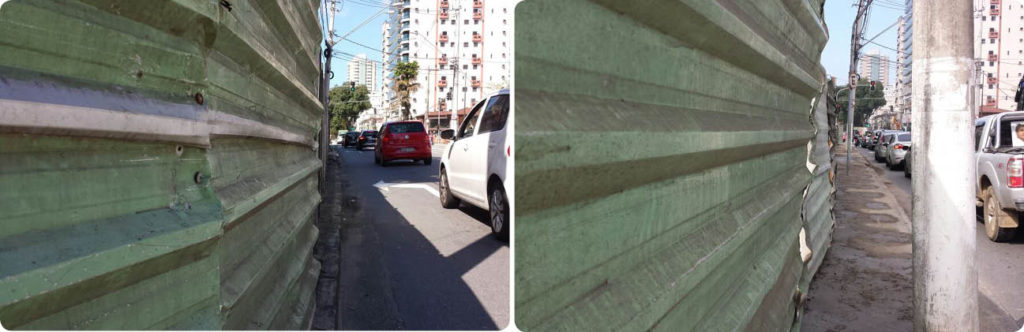 À esquerda foto tirada na quarta-feira (24). Pedestre não conseguia transitar na calçada. Na segunda foto, após a reclamação do Boqnews, empreiteira recuou os tapumes