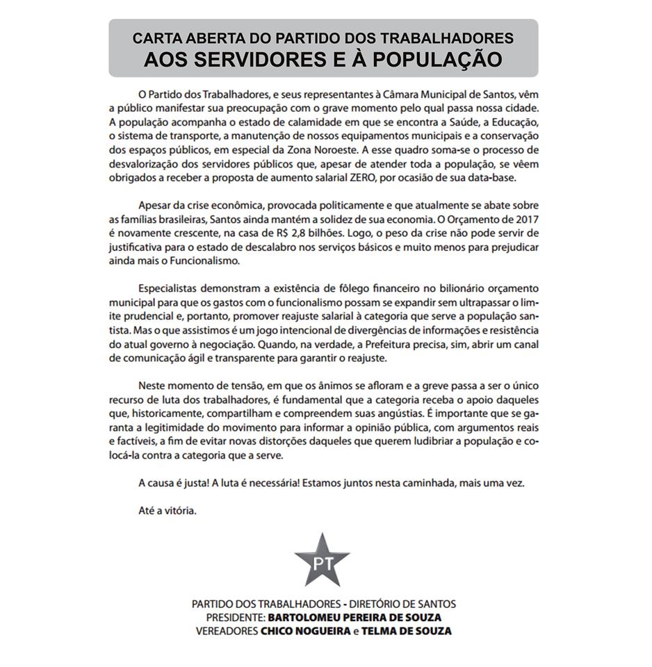 Vereador Chico do Settaport publicou apoio à greve, incluindo carta manifesto do diretório municipal