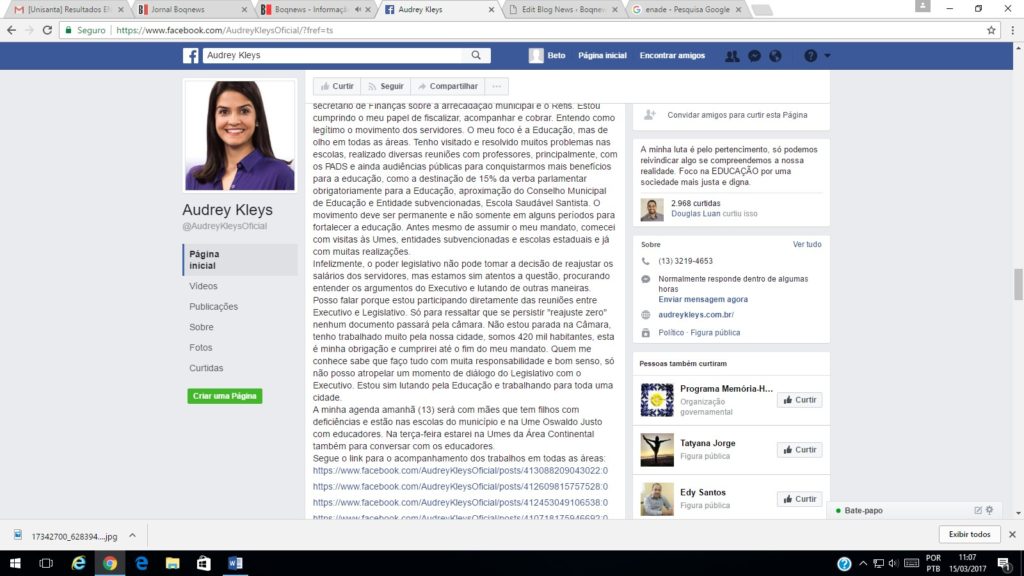 Em um longo texto sobre suas atividades, a vereadora Audrey Kleys (PP) também cita que não aceitará reajuste zero para a categoria.