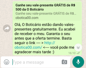 O usuário deve desconsiderar a mensagem enviada pelo whatsapp a respeito da promoção de uma rede de perfumes