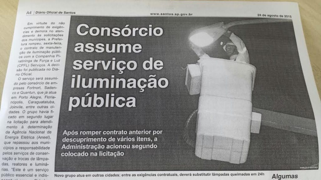 Reportagem publicada no Diário Oficial do dia 24 de agosto de 2015. Consórcio foi constituído, segundo a Junta Comercial, no mesmo dia da rescisão contratual da Prefeitura com a CPFL.