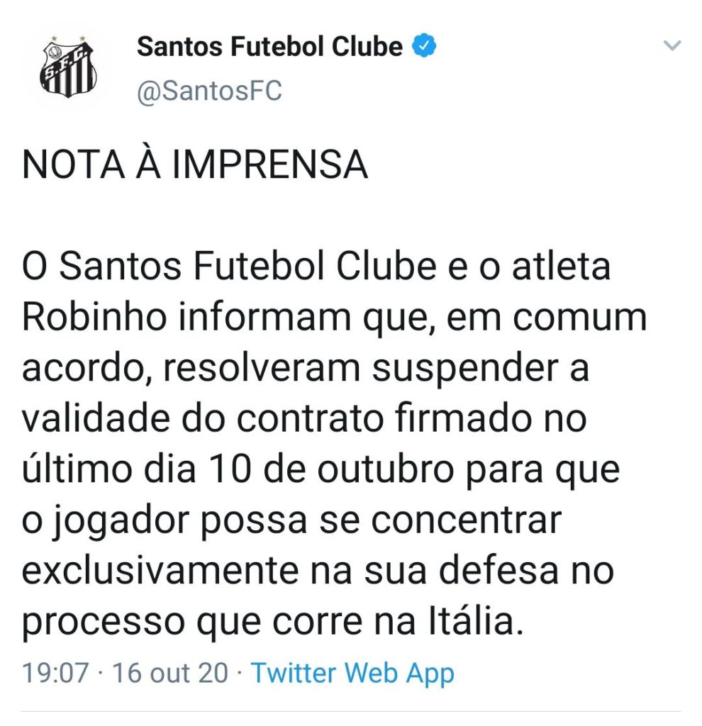Robinho anuncia suspensão de seu contrato do Santos FC