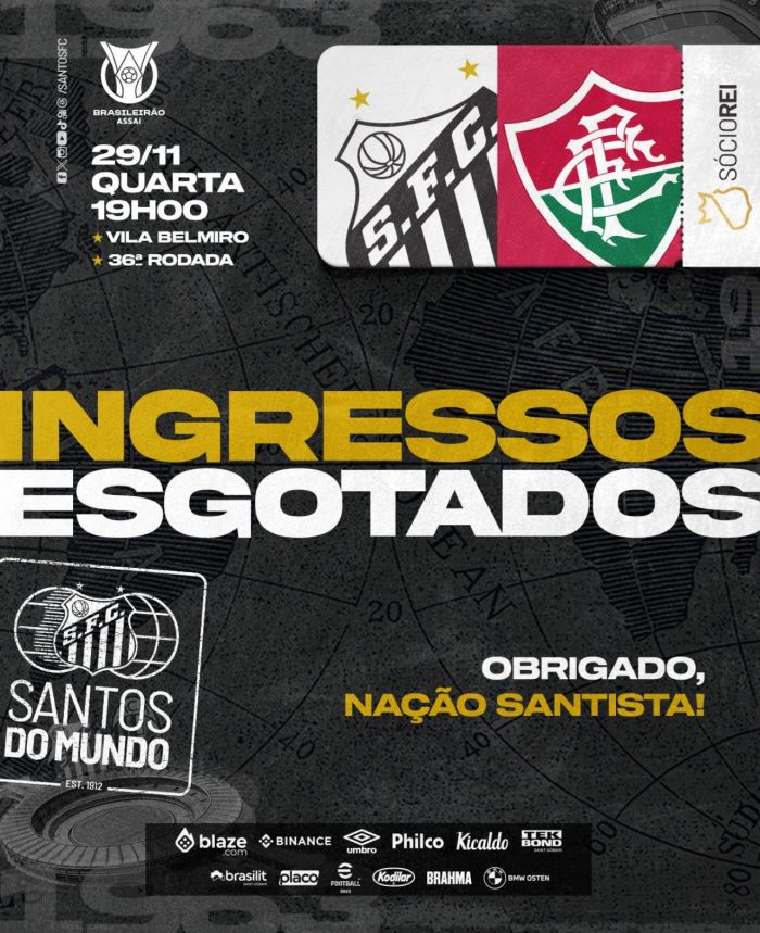 Torcida do Santos FC esgota ingressos para jogo contra o Fluminense