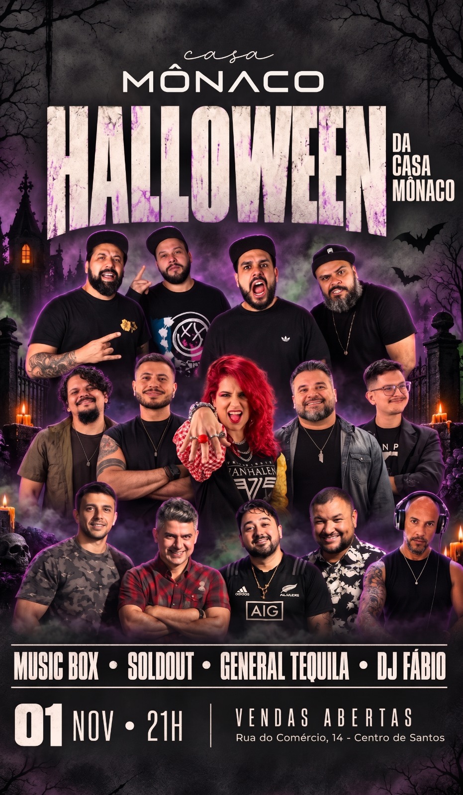 Cartaz da festa de Halloween da Casa Mônaco, em Santos, com as bandas Music Box, Soldout e General Tequila e o DJ Fábio. Evento será realizado em 1º de novembro, a partir das 21h, na Rua do Comércio, 14, no Centro.