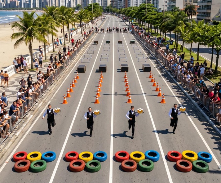 Garçons participam de corrida com bandejas na Avenida da Praia, em Santos, diante do público.