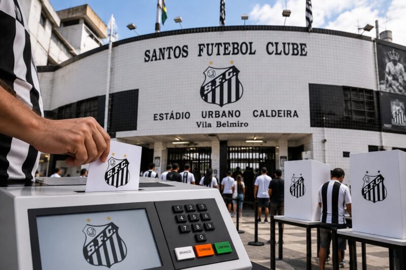 Fachada da Vila Belmiro com torcedores do Santos Futebol Clube participando de votação em urnas eletrônicas.