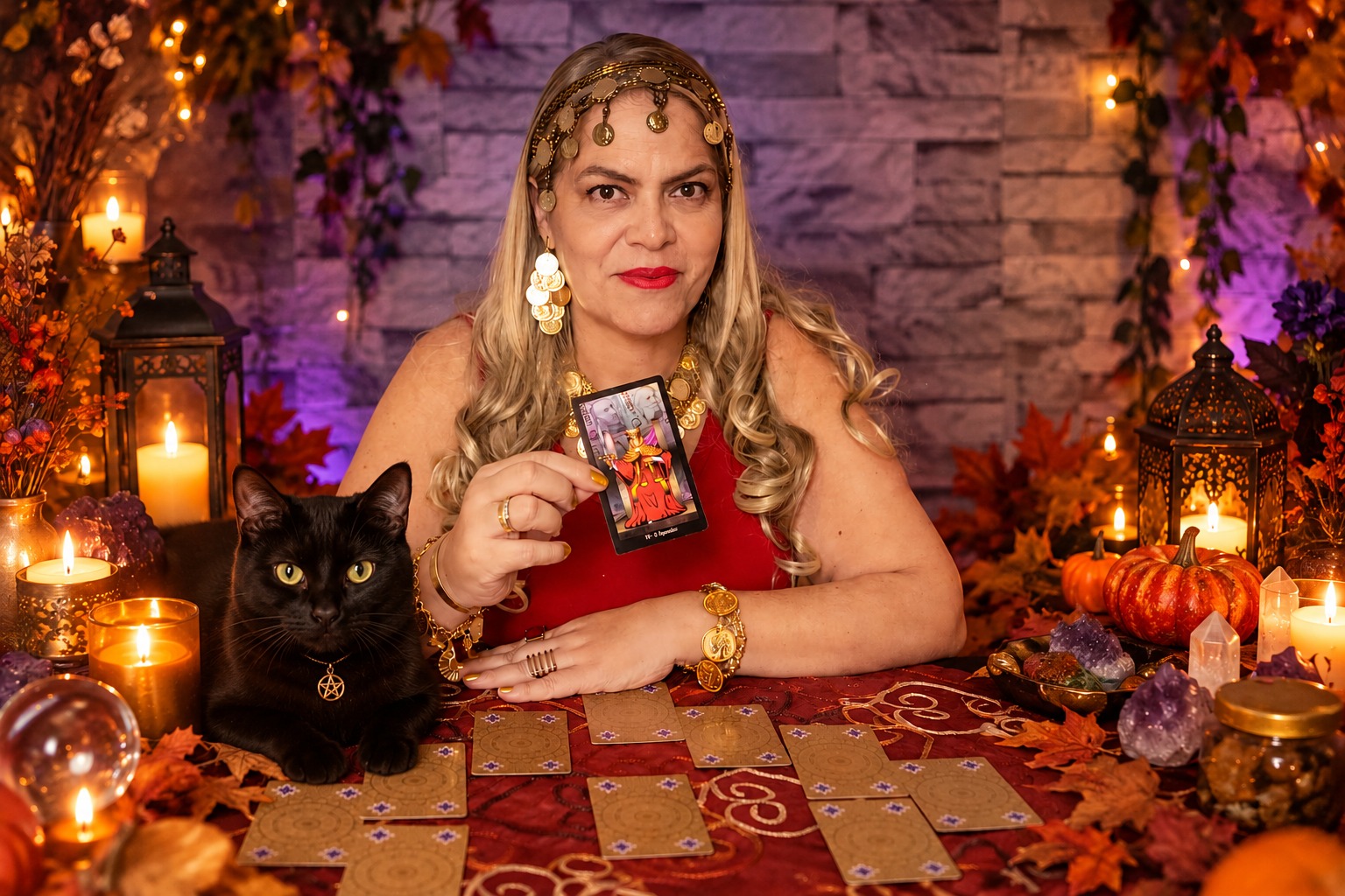 Taróloga Mônica Sarah Rodrigues segura uma carta de tarô diante de uma mesa com cartas, velas, cristais e um gato preto, em uma ambientação temática de Halloween.