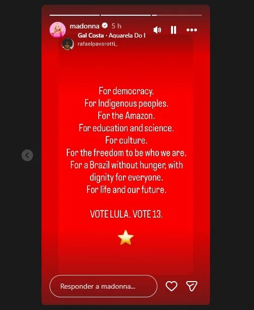 Story de Madonna no Instagram com mensagem de apoio a Lula e defesa da democracia, dos povos indígenas, da Amazônia, da educação e da cultura.