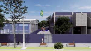 Escola municipal, com fachada azul, que será construída na Areia Branca, na Zona Noroeste
