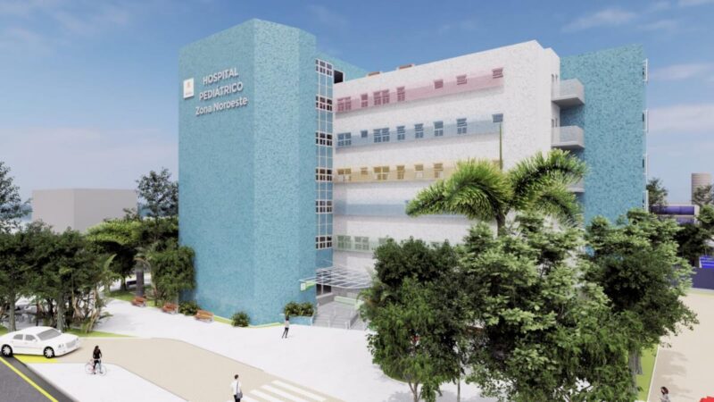 Maquete de prédio branco com detalhes verdes que está em construção no futuro hospital pediátrico na Zona Noroeste.